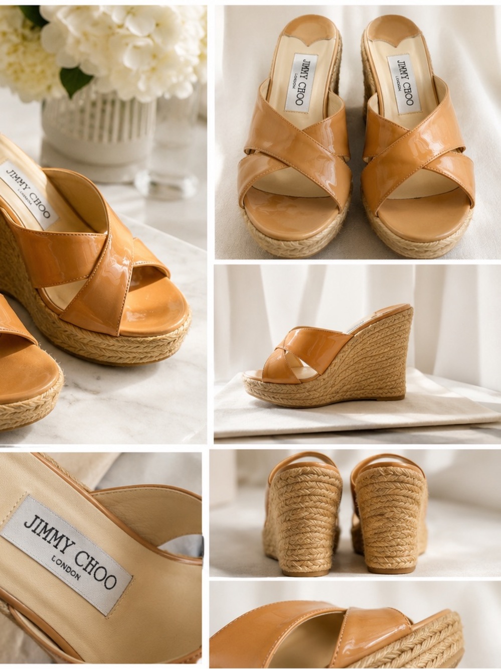 Jimmy Choo Patent Leather Espadrille Wedge Sandals – Camel Nude/Authentic